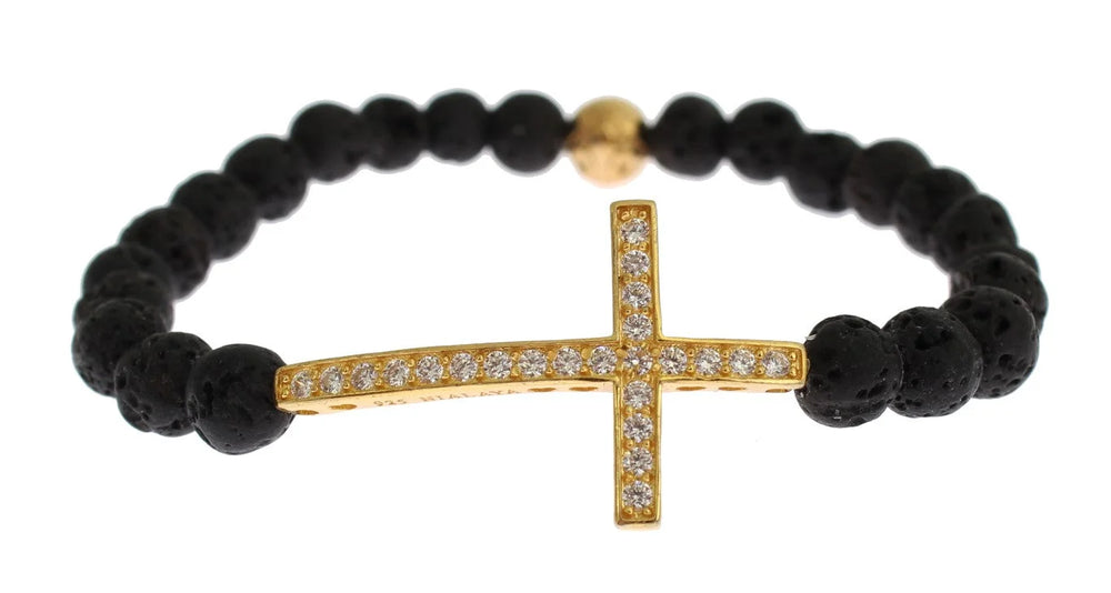 Nialaya Lava Stone Gold Clear CZ Cross 925 Silver Bracelet - Bracelets