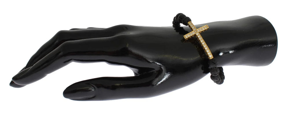 Nialaya Lava Stone Gold Clear CZ Cross 925 Silver Bracelet - Bracelets