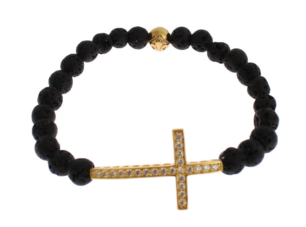 Nialaya Lava Stone Gold Clear CZ Cross 925 Silver Bracelet - Bracelets