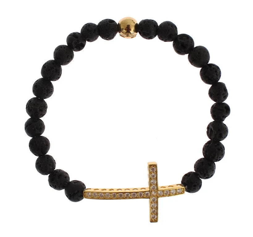 Nialaya Lava Stone Gold Clear CZ Cross 925 Silver Bracelet - Bracelets