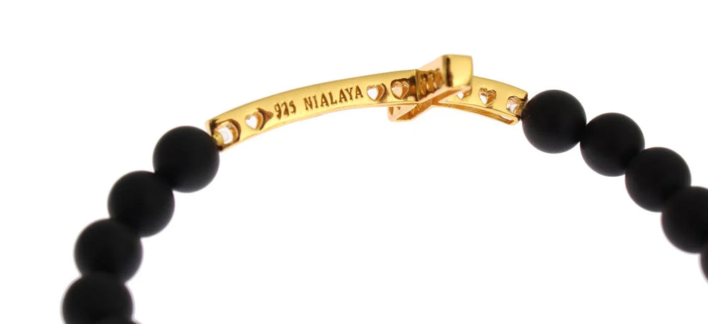 Nialaya Matte Onyx Stone Gold CZ Cross 925 Silver Bracelet - Bracelets