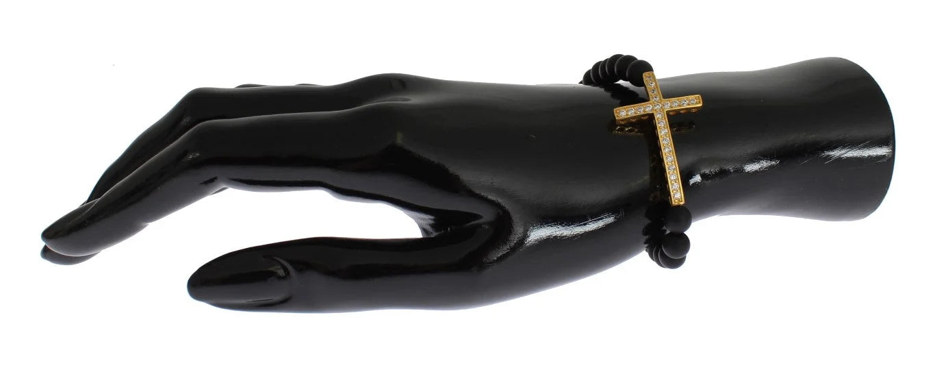 Nialaya Matte Onyx Stone Gold CZ Cross 925 Silver Bracelet - Bracelets