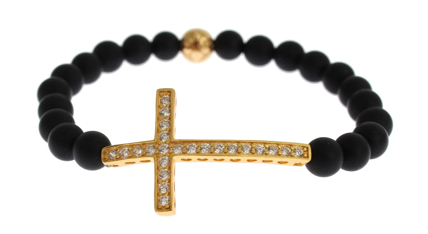 Nialaya Matte Onyx Stone Gold CZ Cross 925 Silver Bracelet - Bracelets