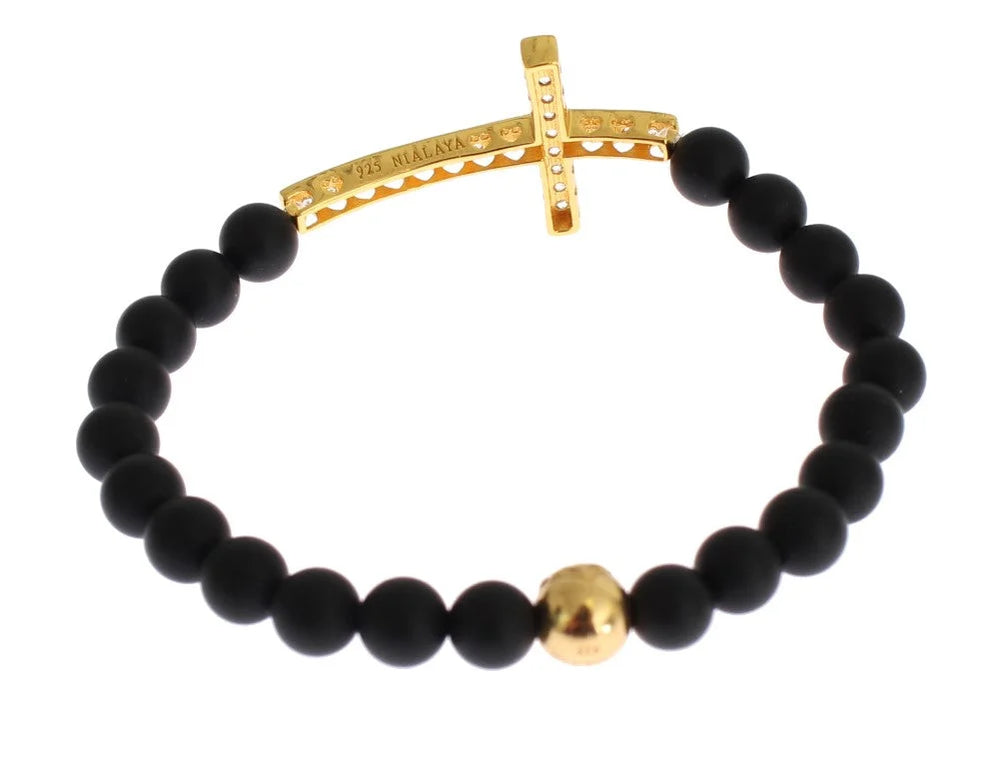 Nialaya Matte Onyx Stone Gold CZ Cross 925 Silver Bracelet - Bracelets
