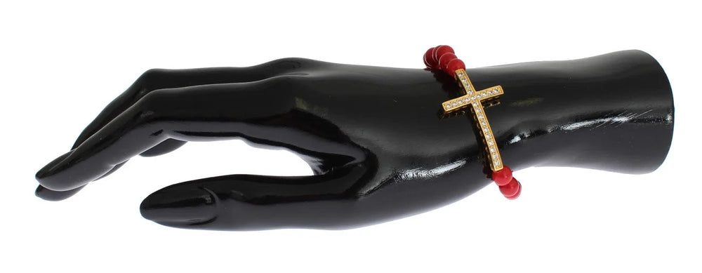 Nialaya Red Coral Gold CZ Cross 925 Silver Bracelet - Bracelets