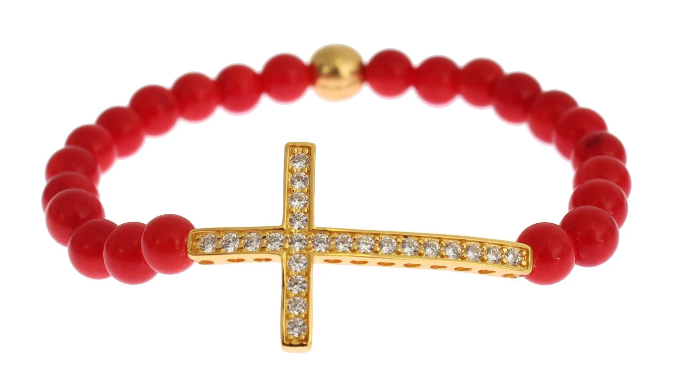 Nialaya Red Coral Gold CZ Cross 925 Silver Bracelet - Bracelets