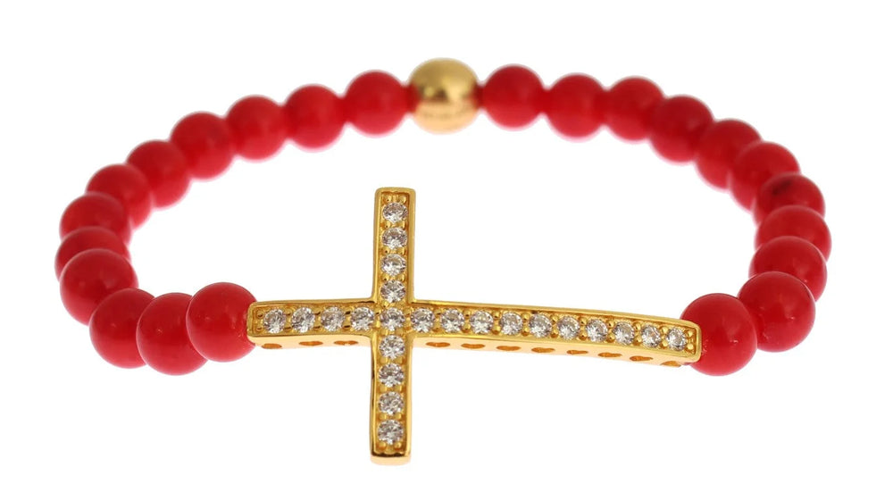 Nialaya Red Coral Gold CZ Cross 925 Silver Bracelet - Bracelets