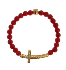 Nialaya Red Coral Gold CZ Cross 925 Silver Bracelet - Bracelets