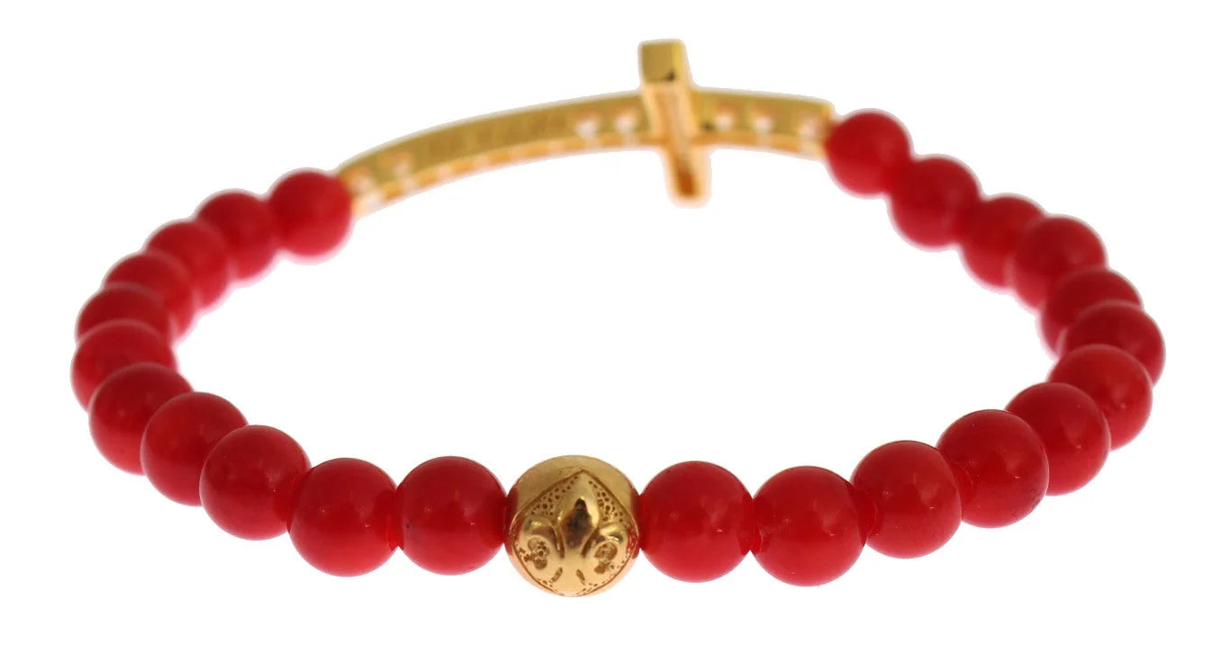 Nialaya Red Coral Gold CZ Cross 925 Silver Bracelet - Bracelets