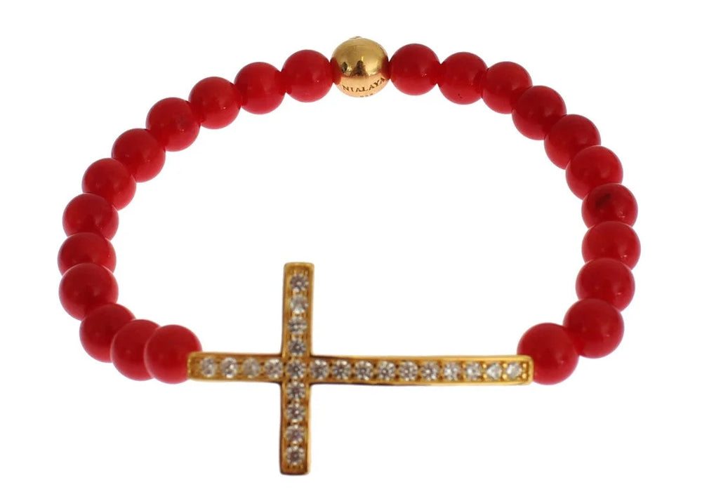 Nialaya Red Coral Gold CZ Cross 925 Silver Bracelet - Bracelets