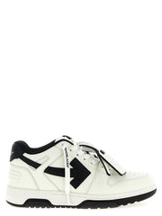 Off-White bicolor recycled polyester sneakers in a minimalist low-top silhouette for men, front view.