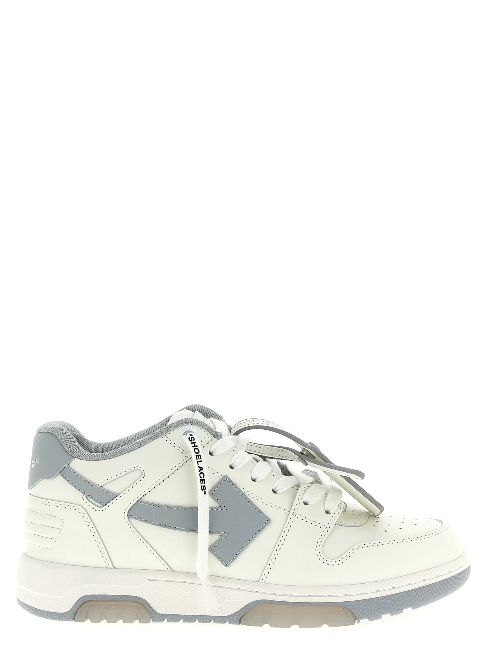 Off-White gray leather low top sneakers for men featuring signature zip-tie tag and minimalist profile.