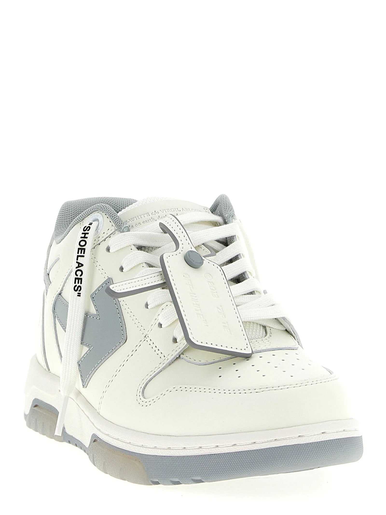 Rear view of the Off-White low top sneakers in gray leather highlighting the heel construction and clean finish.