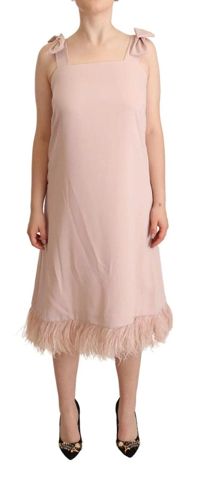 P.A.R.O.S.H. Pink Polyester Sleeveless Midi Feather Shift Dress - IT42|M - Dresses