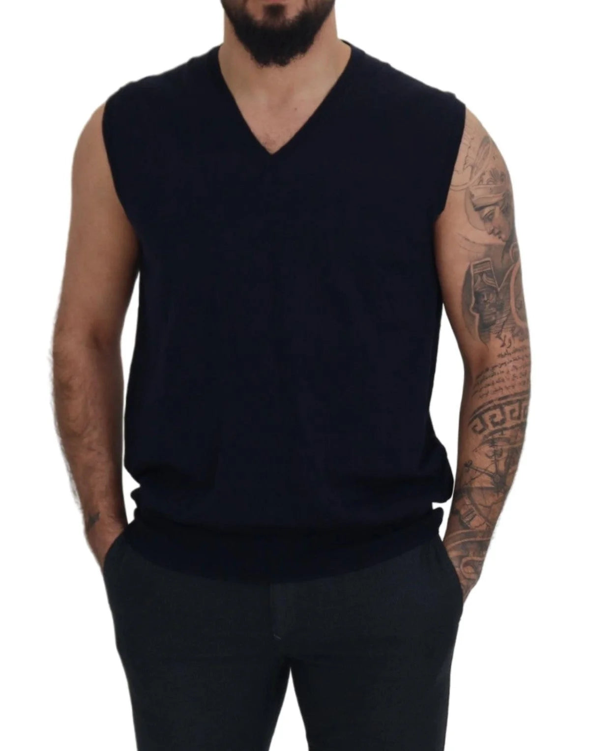 Paolo Pecora Milano Black Cotton V-neck Sleeveless Tank T-shirt - IT62 | 5XL - Tank Tops