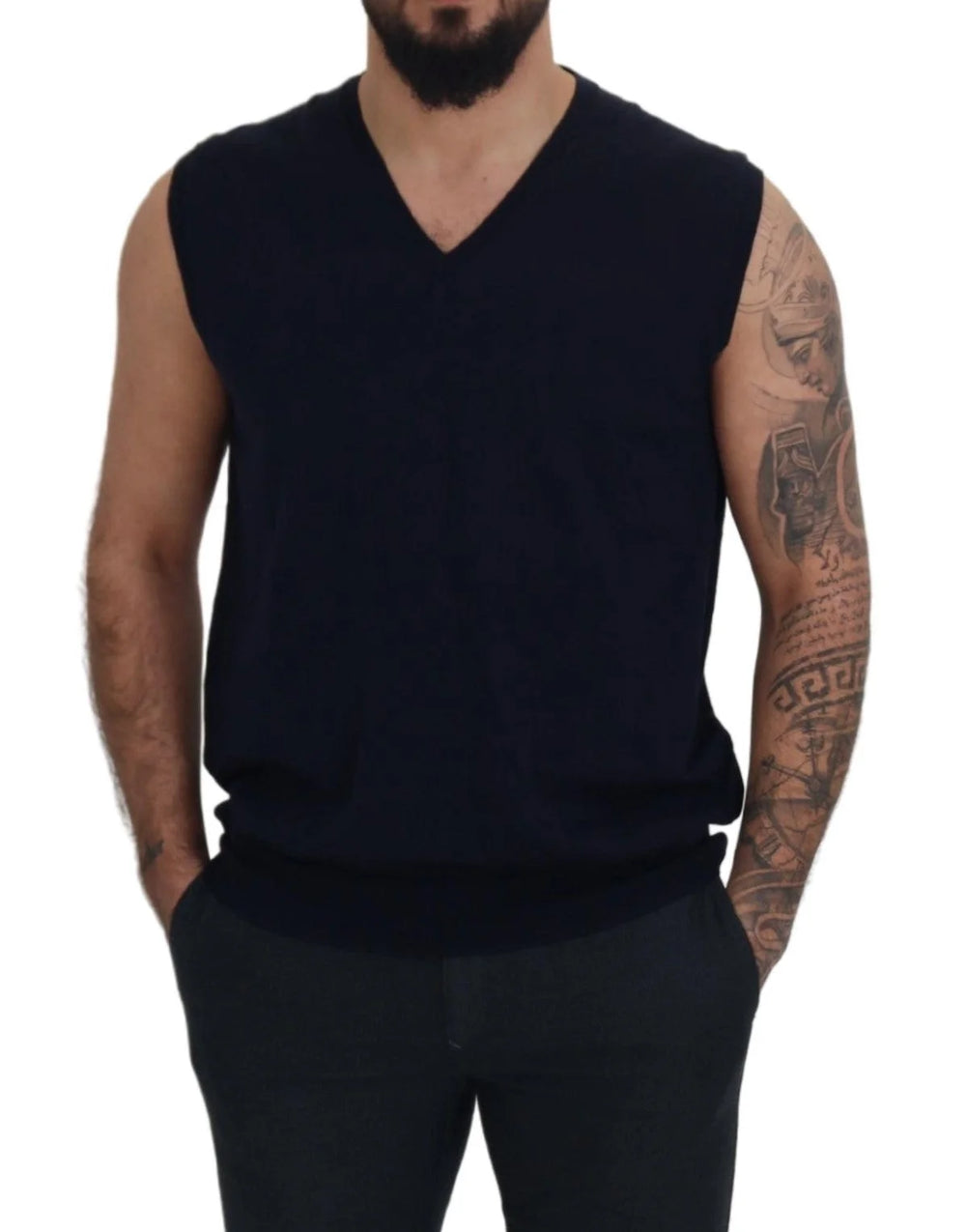 Paolo Pecora Milano Black Cotton V-neck Sleeveless Tank T-shirt - IT62 | 5XL - Tank Tops