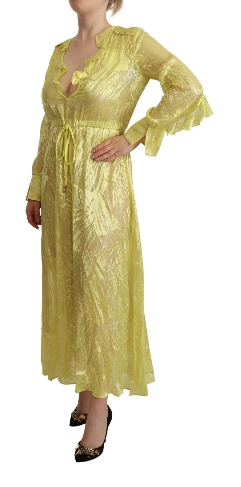 Patrizia Pepe Yellow Silk Long Sleeves Plunging Maxi Dress - IT40|S - Dresses