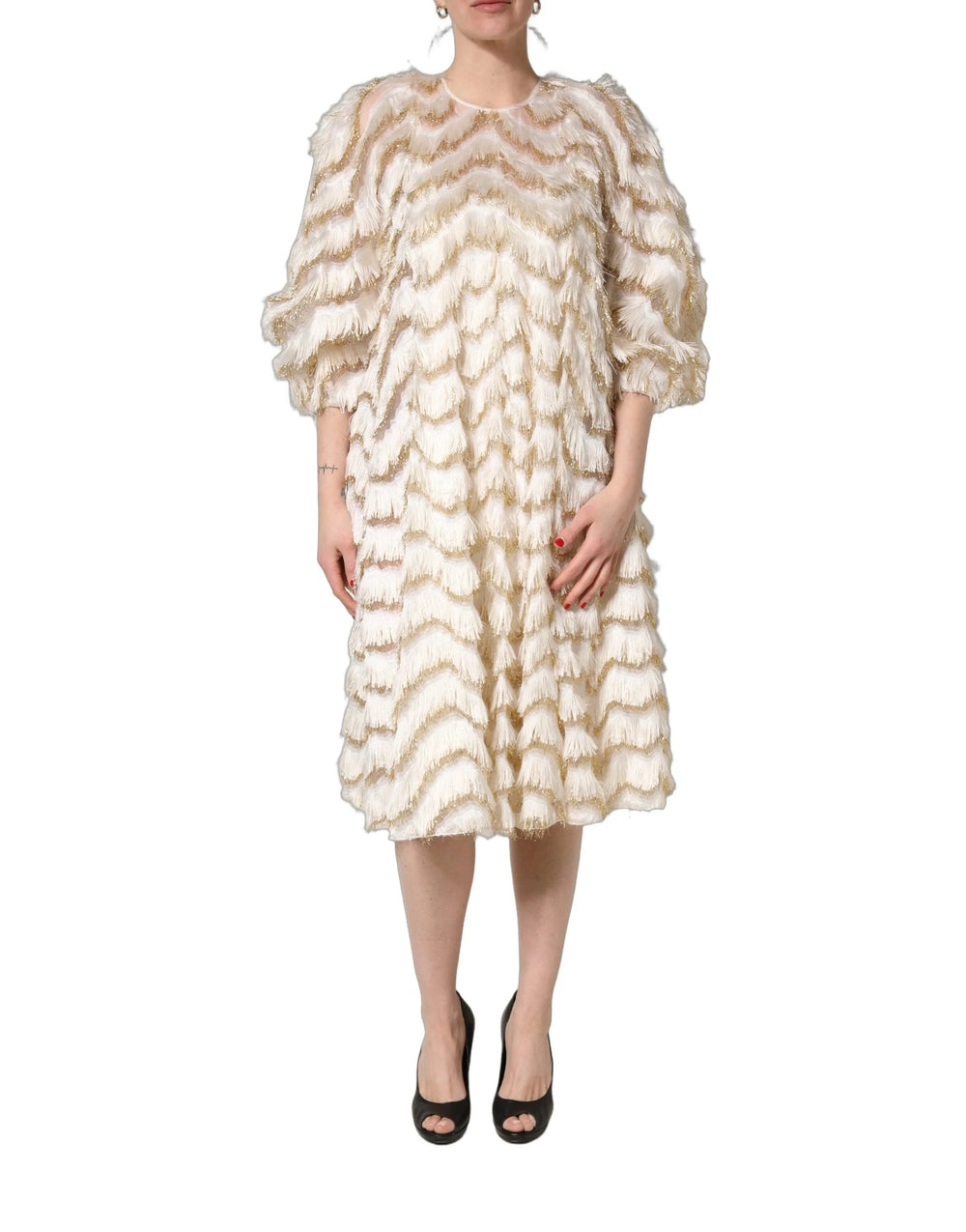 Peserico Ivory Fringe Layered Shift Midi Dress - IT36|XXS
