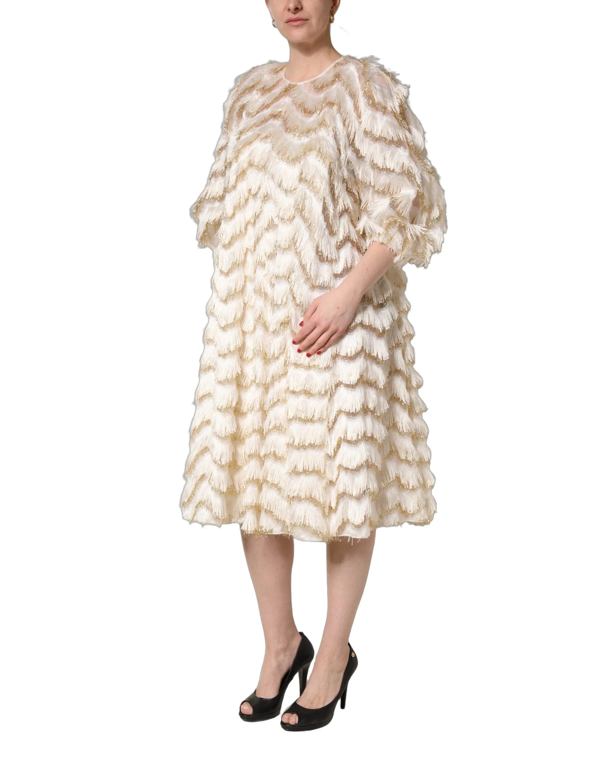 Peserico Ivory Fringe Layered Shift Midi Dress - IT36|XXS