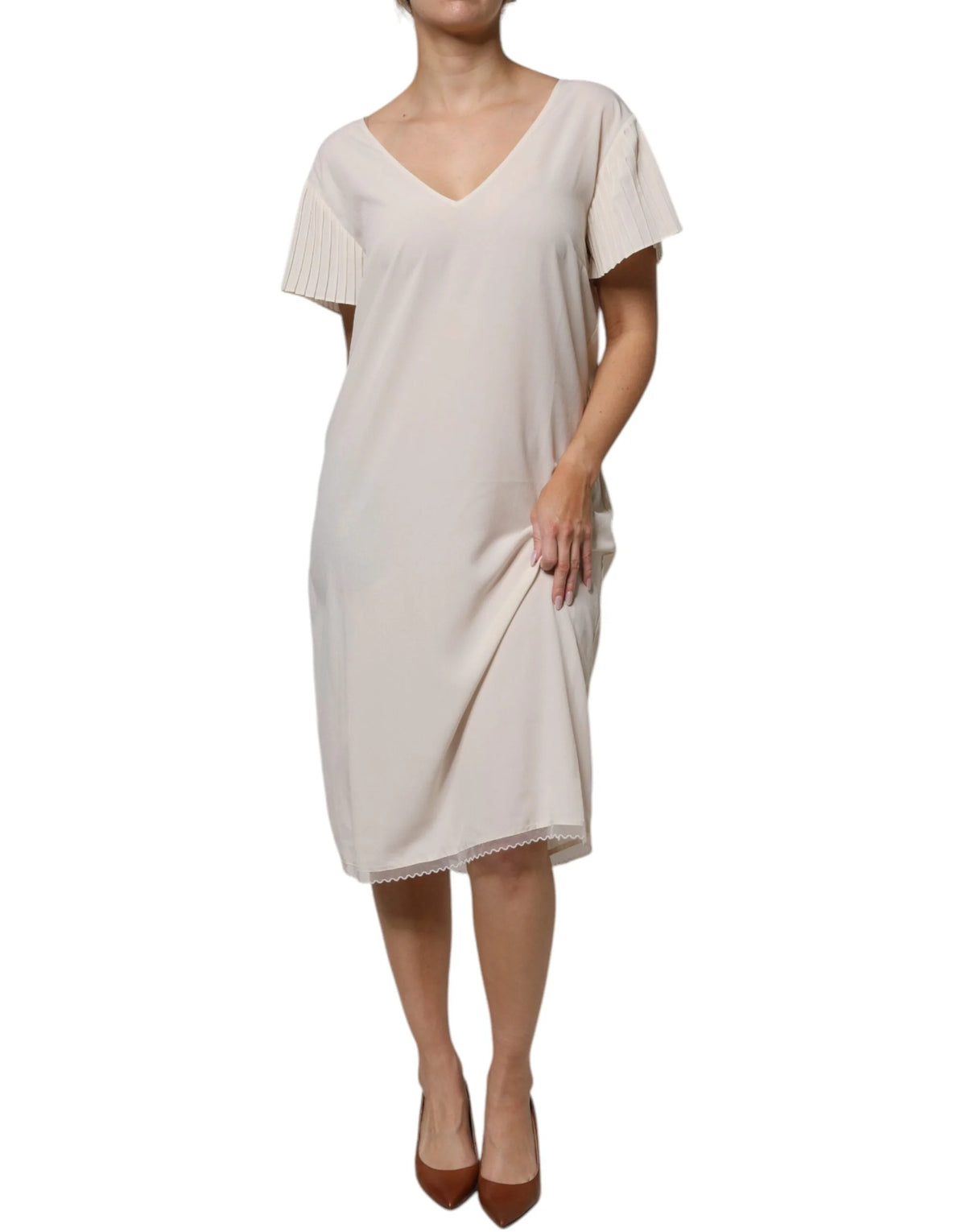 Peserico Off White Short Sleeves V-neck Shift Midi Dress - IT40|S - Dresses
