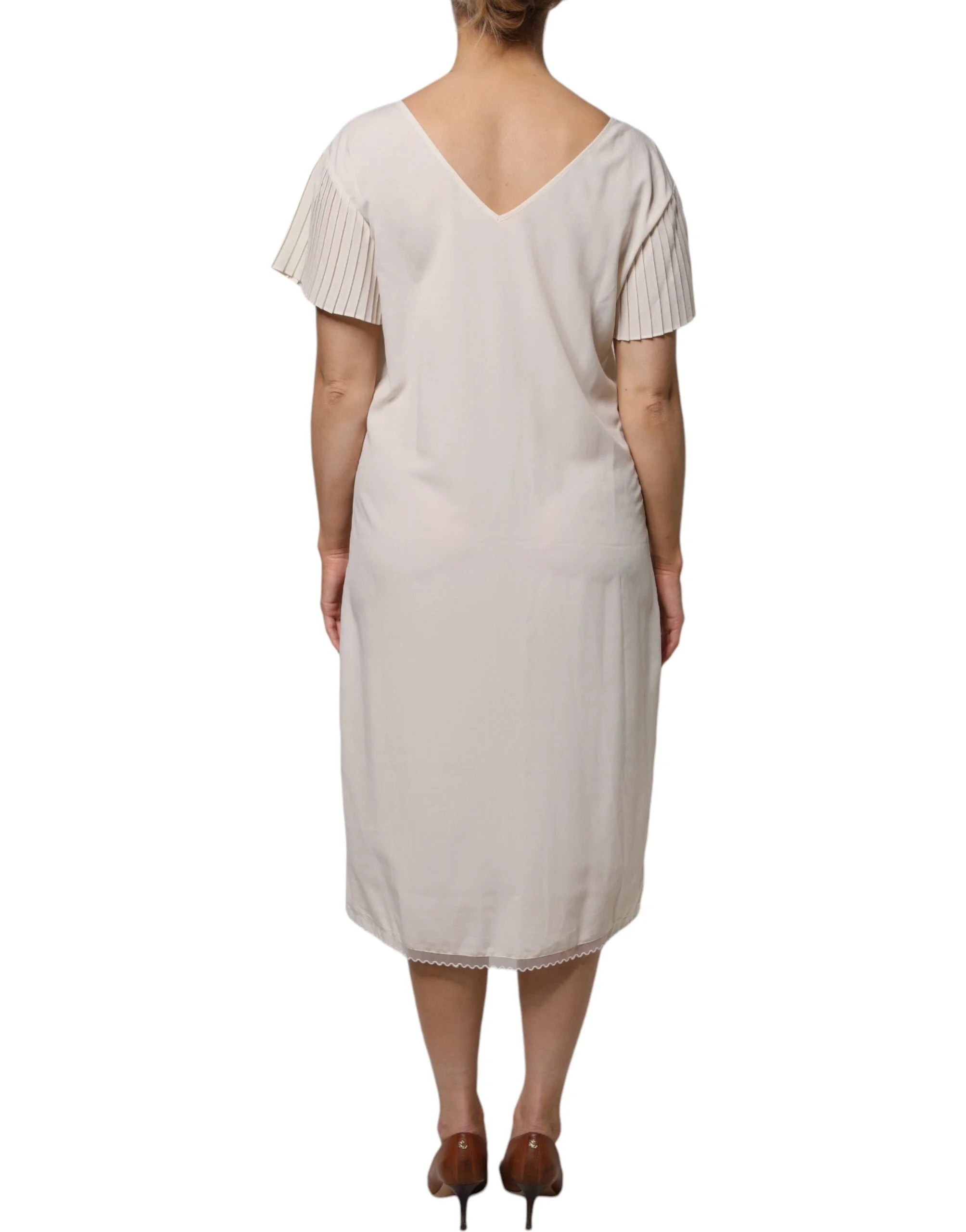 Peserico Off White Short Sleeves V-neck Shift Midi Dress - IT40|S - Dresses