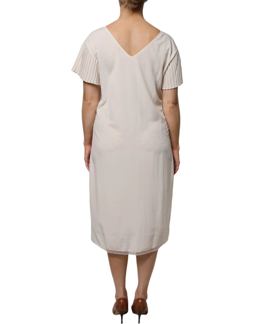 Peserico Off White Short Sleeves V-neck Shift Midi Dress - IT40|S - Dresses