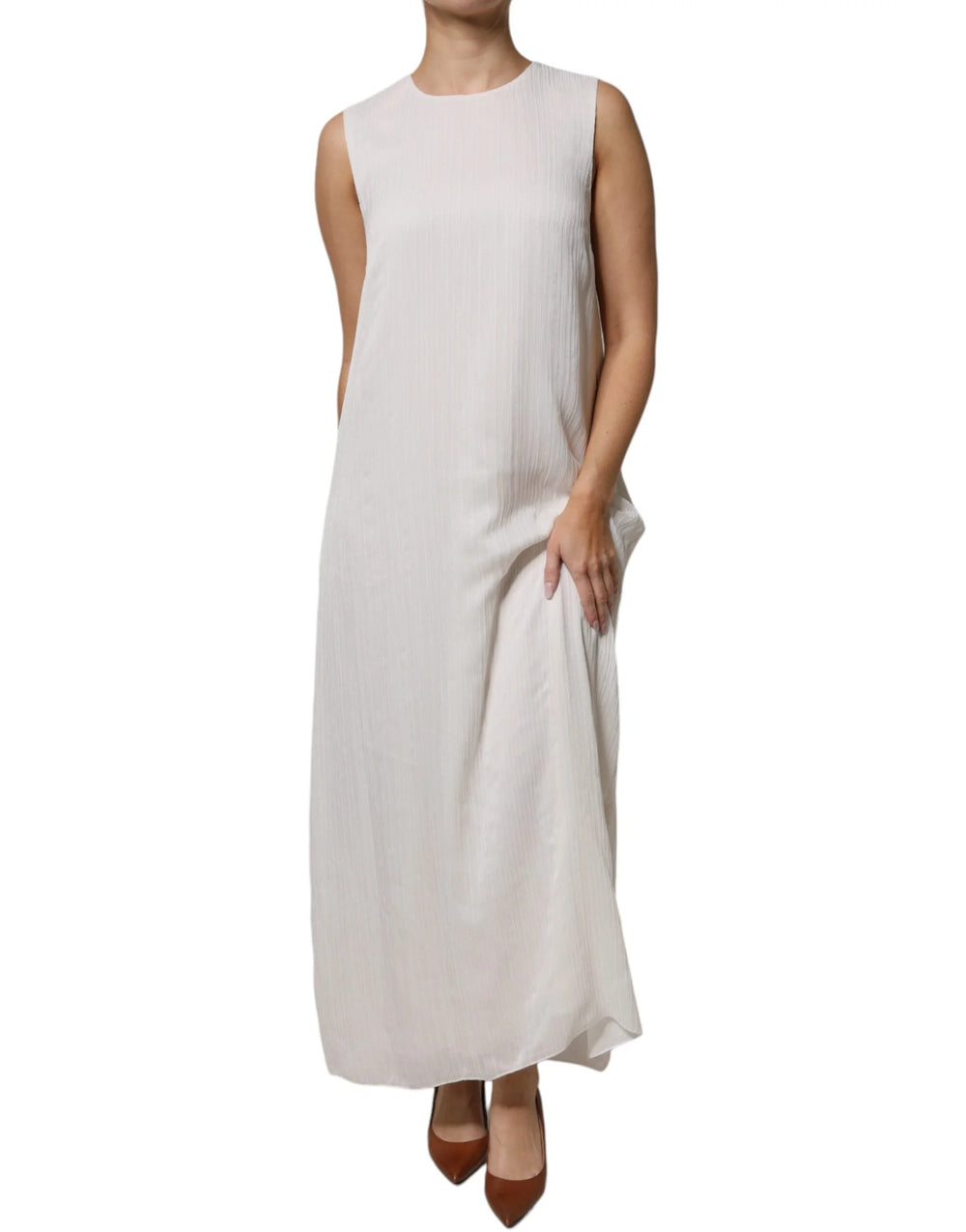 Peserico White Sleeveless Round Neck Shift Long Maxi Dress - IT46|XL - Dresses