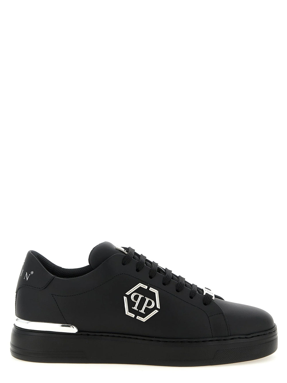 Adidași Philipp Plein pentru bărbați, cu talpă joasă, din piele de vițel neagră premium, cu un profil subțire și minimalist.