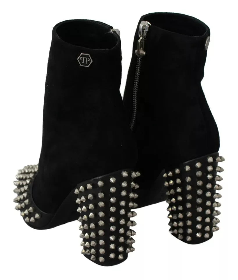 Philipp Plein Black Suede Studded Heels Ankle Boots Shoes - EU36/US6 - Boots