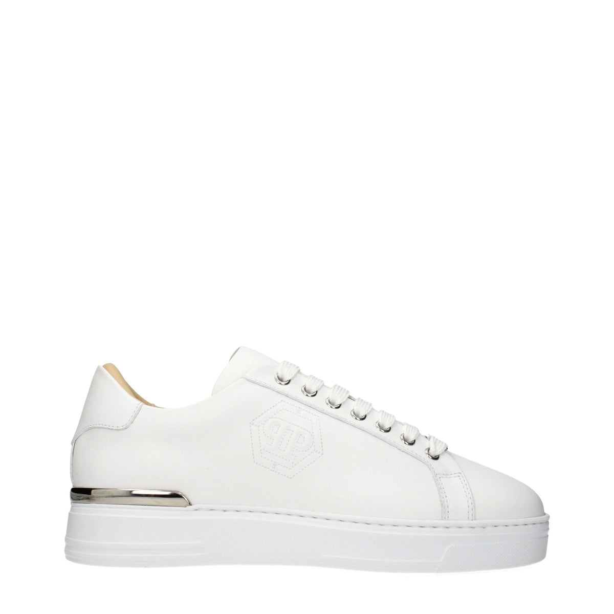 Ténis baixos de couro branco para homem da Philipp Plein, com uma silhueta minimalista e um acabamento premium.