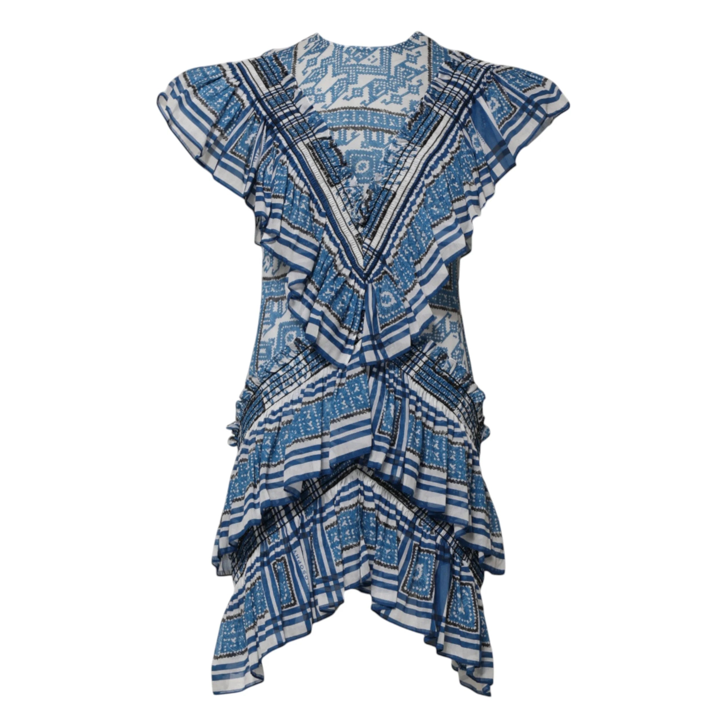 Philosophy di Lorenzo Serafini Blue Patterned Layered Short Sleeves Mini Dress - IT38 | XS