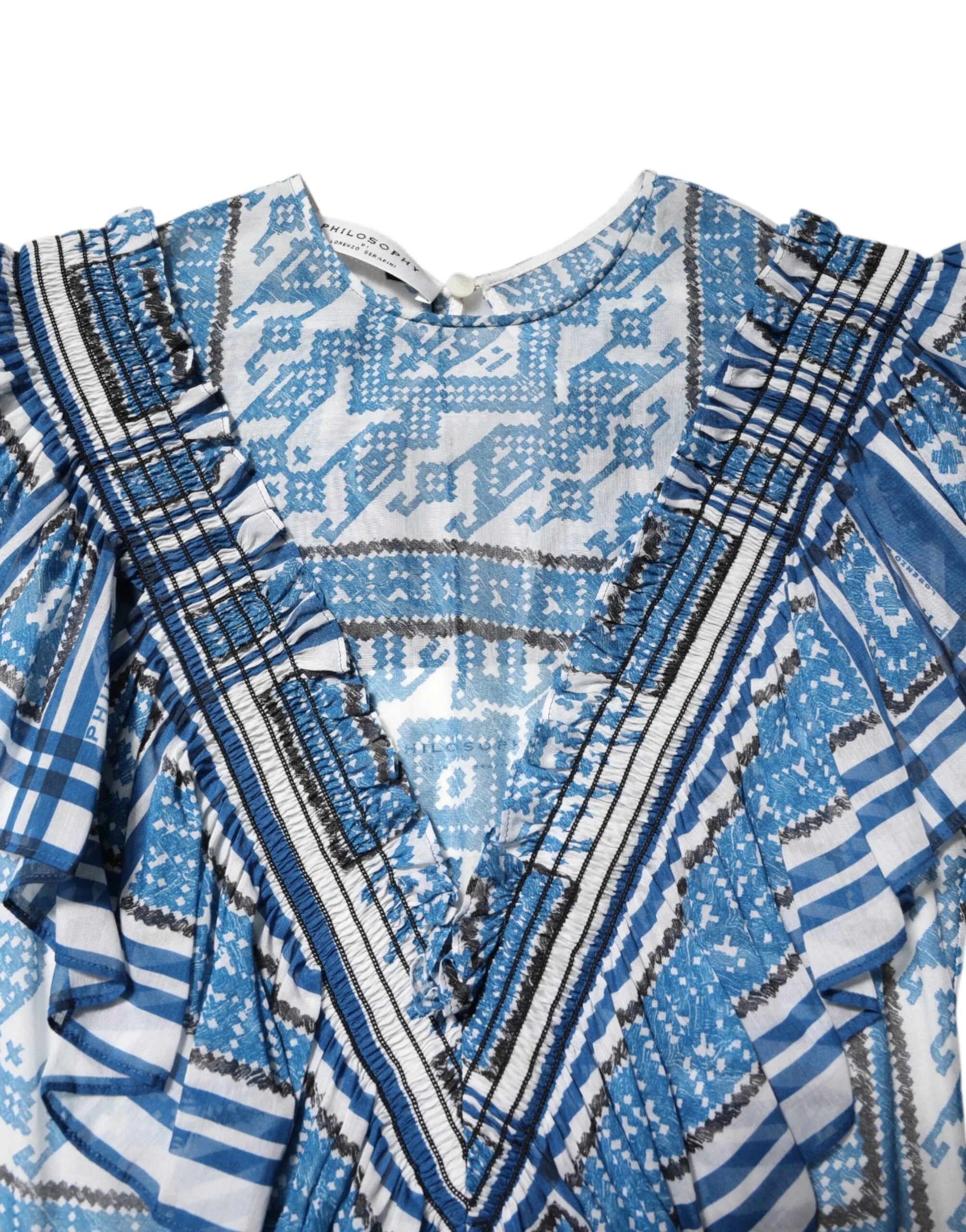 Philosophy di Lorenzo Serafini Blue Patterned Layered Short Sleeves Mini Dress - IT38 | XS