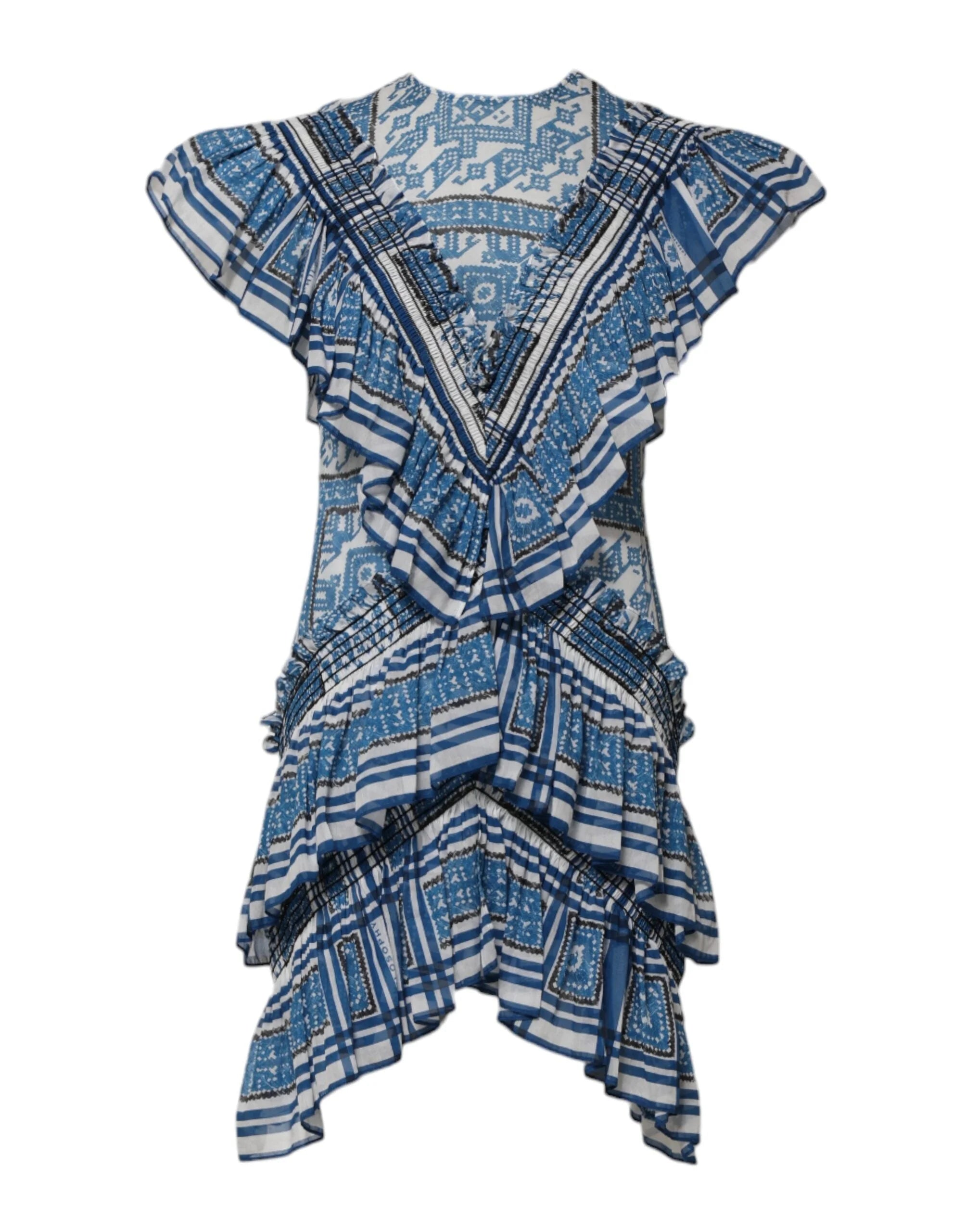 Philosophy di Lorenzo Serafini Blue Patterned Layered Short Sleeves Mini Dress - IT38 | XS