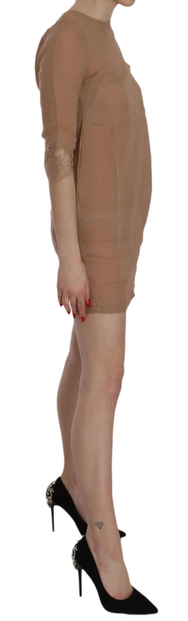 PINK MEMORIES Brown 3/4 Sleeve Crewneck Shift Mini Dress - IT40|S - Dresses