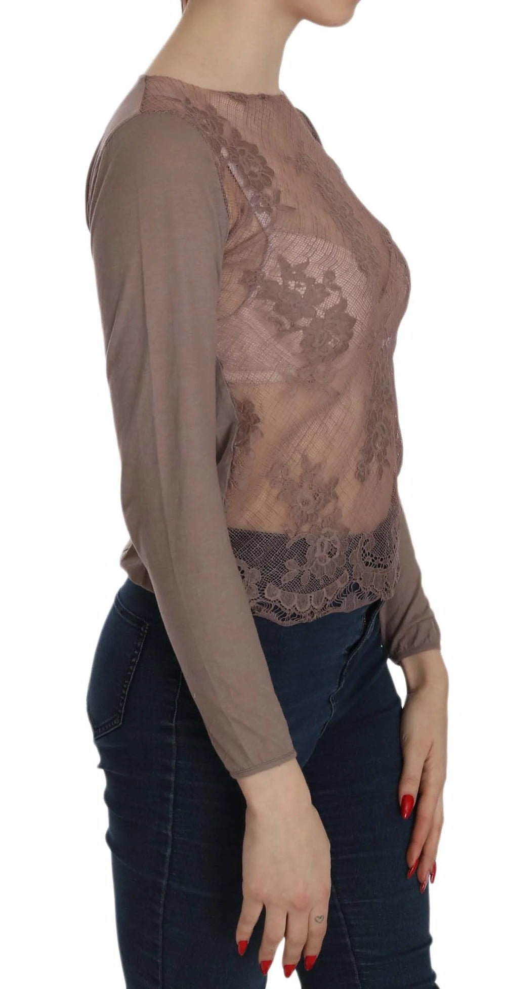PINK MEMORIES Brown Lace See Through Long Sleeve Top - IT40|S - Blouses