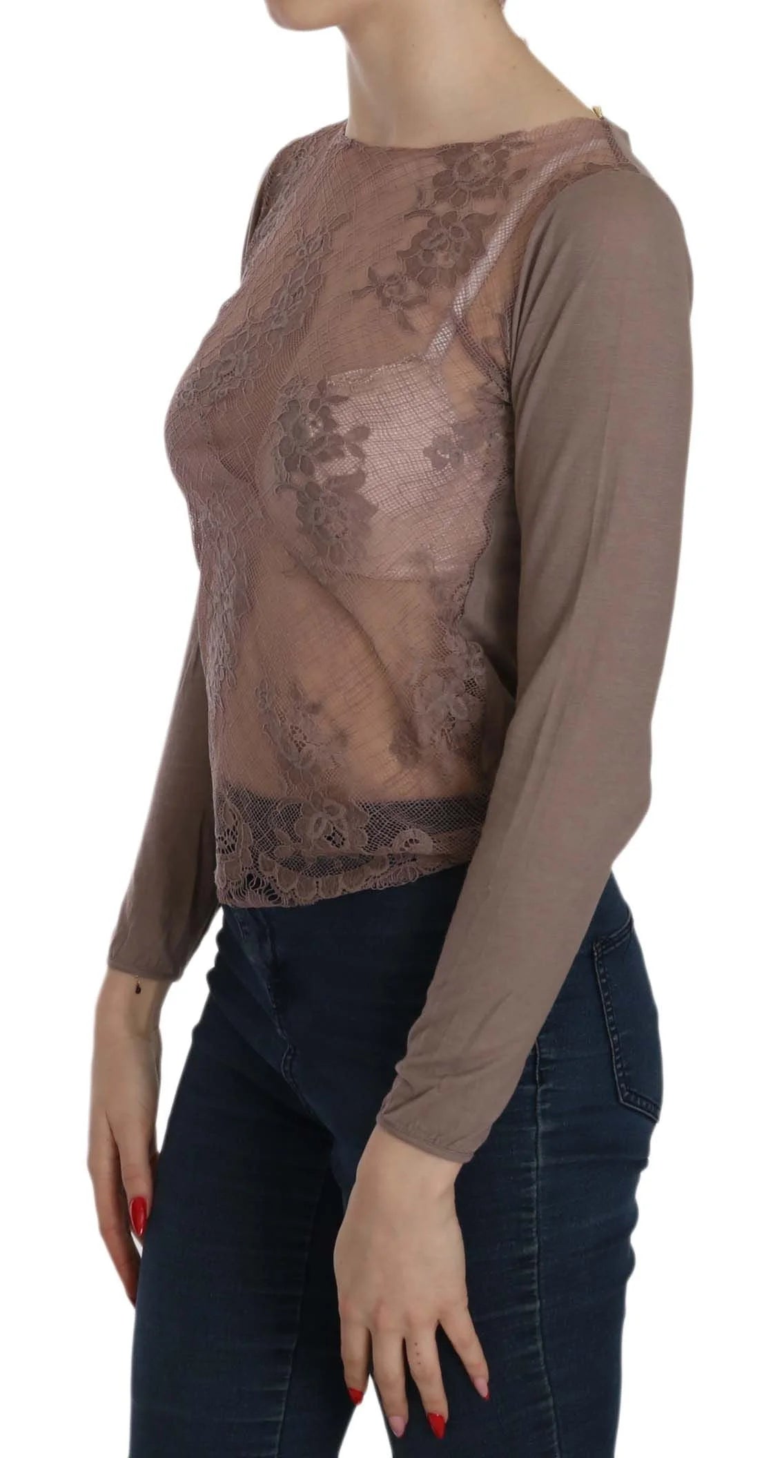 PINK MEMORIES Brown Lace See Through Long Sleeve Top - IT40|S - Blouses