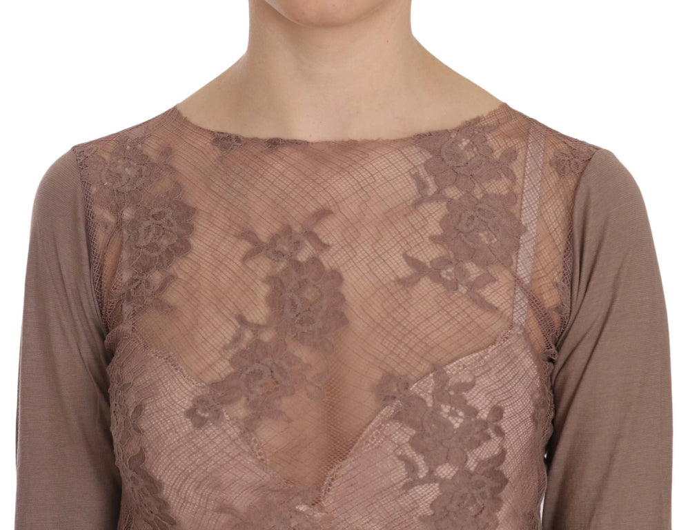 PINK MEMORIES Brown Lace See Through Long Sleeve Top - IT40|S - Blouses