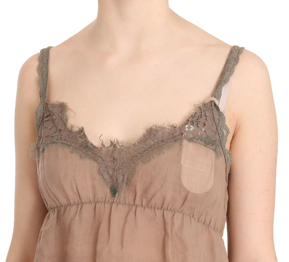 PINK MEMORIES Brown Lace Spaghetti Strap Plunging Top Blouse - IT44|L - Blouses