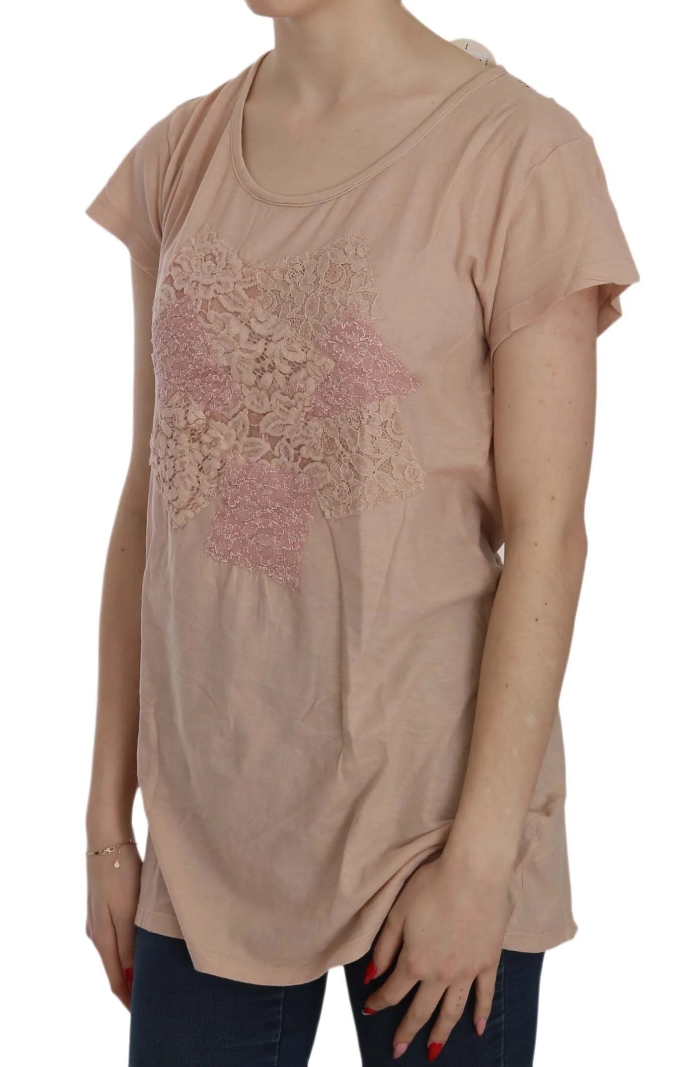 PINK MEMORIES Pink Cream Lace Short Sleeve Shirt Top Cotton Blouse - IT44|L - Blouses
