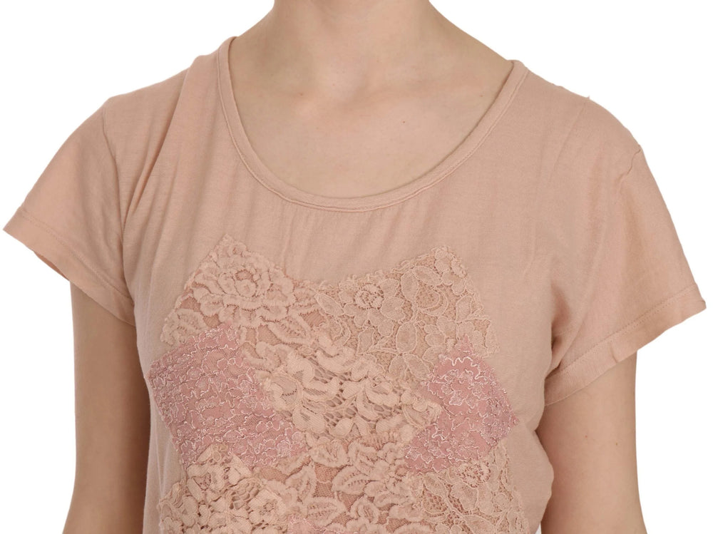 PINK MEMORIES Pink Cream Lace Short Sleeve Shirt Top Cotton Blouse - IT44|L - Blouses