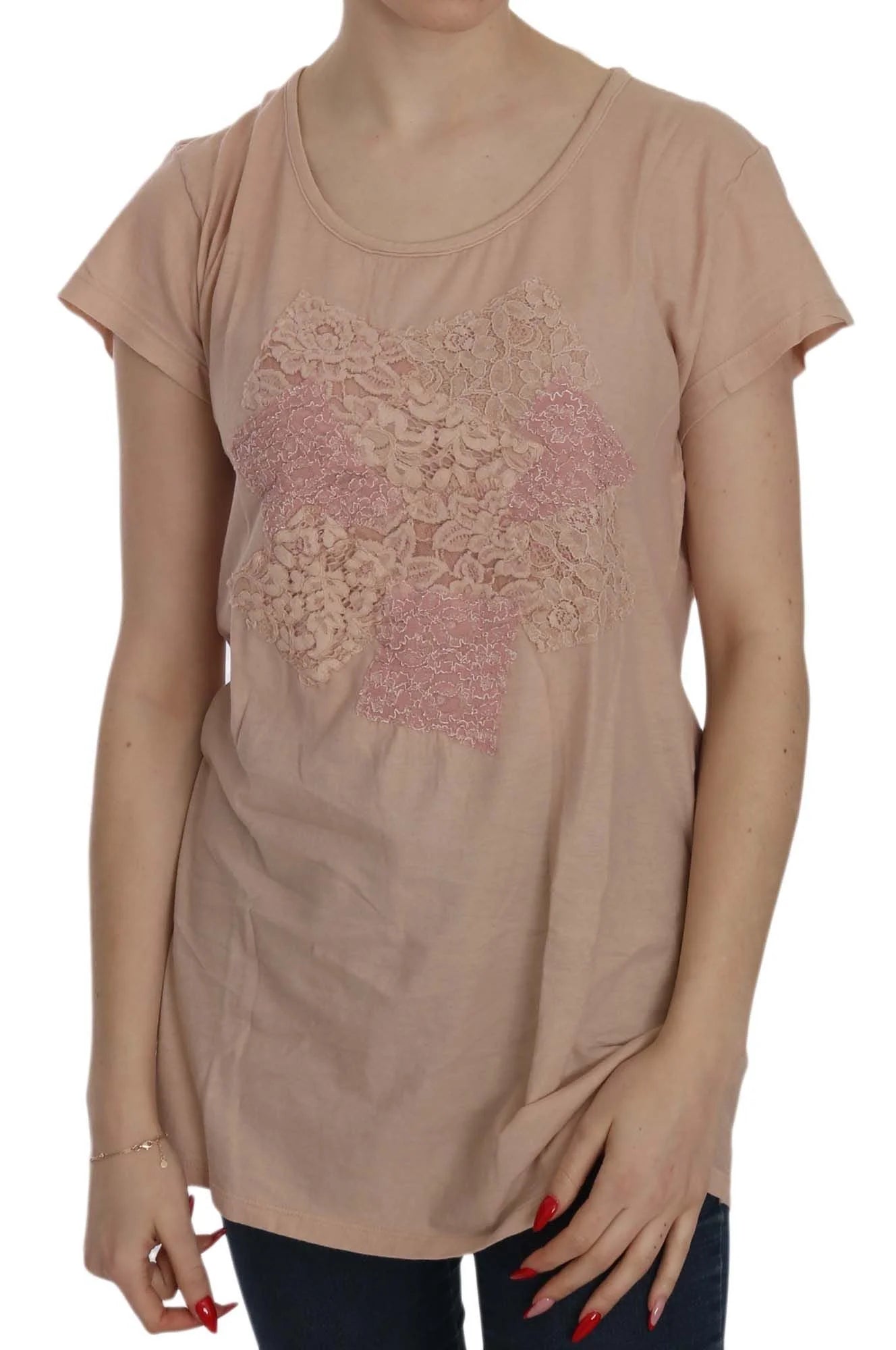 PINK MEMORIES Pink Cream Lace Short Sleeve Shirt Top Cotton Blouse - IT44|L - Blouses