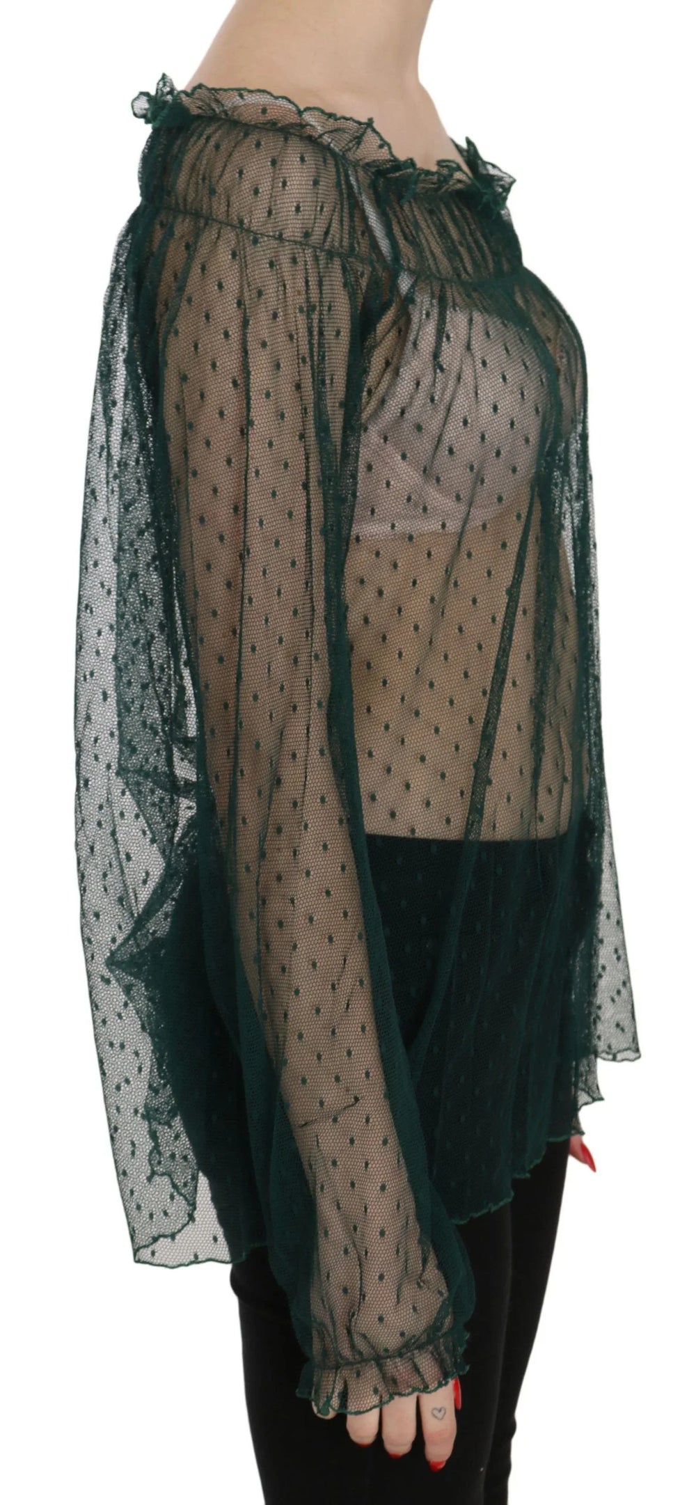 PINK MEMORIES Green Mesh See Through Long Sleeve Top Blouse - Blouses