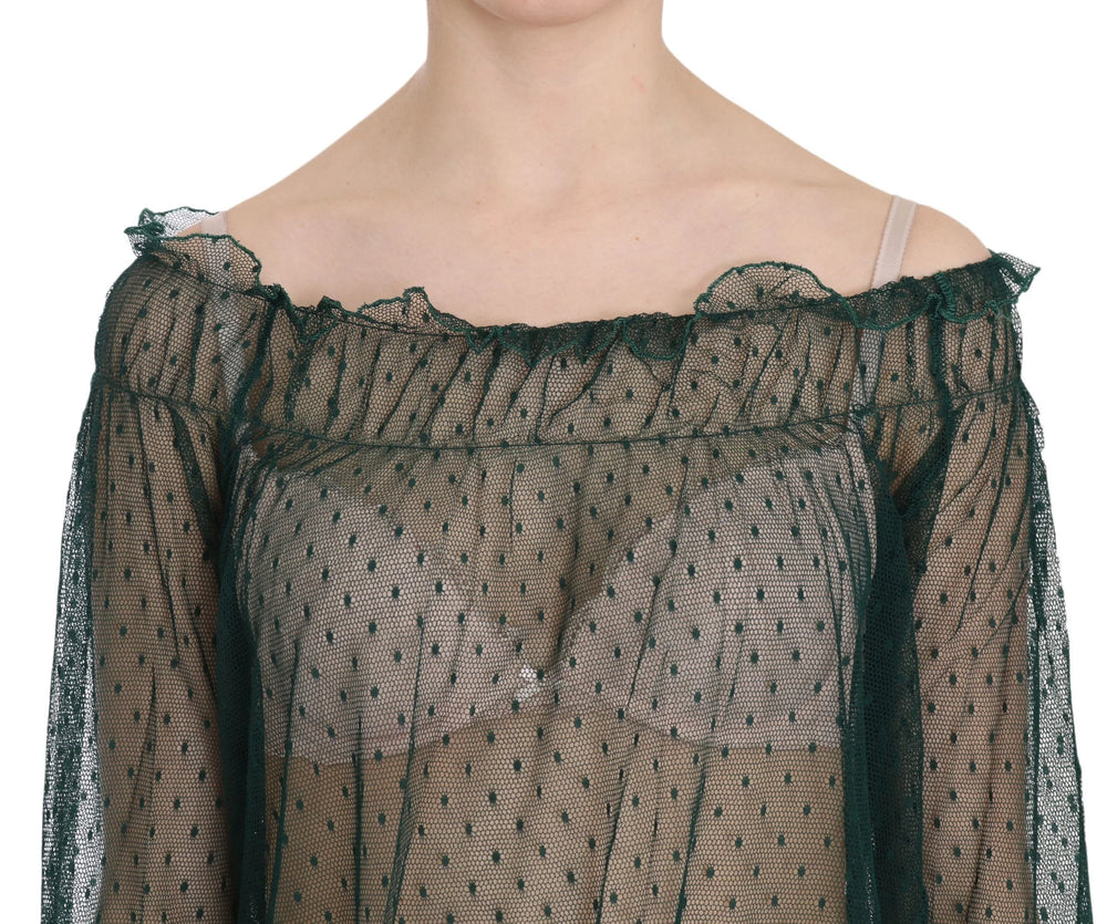 PINK MEMORIES Green Mesh See Through Long Sleeve Top Blouse - Blouses
