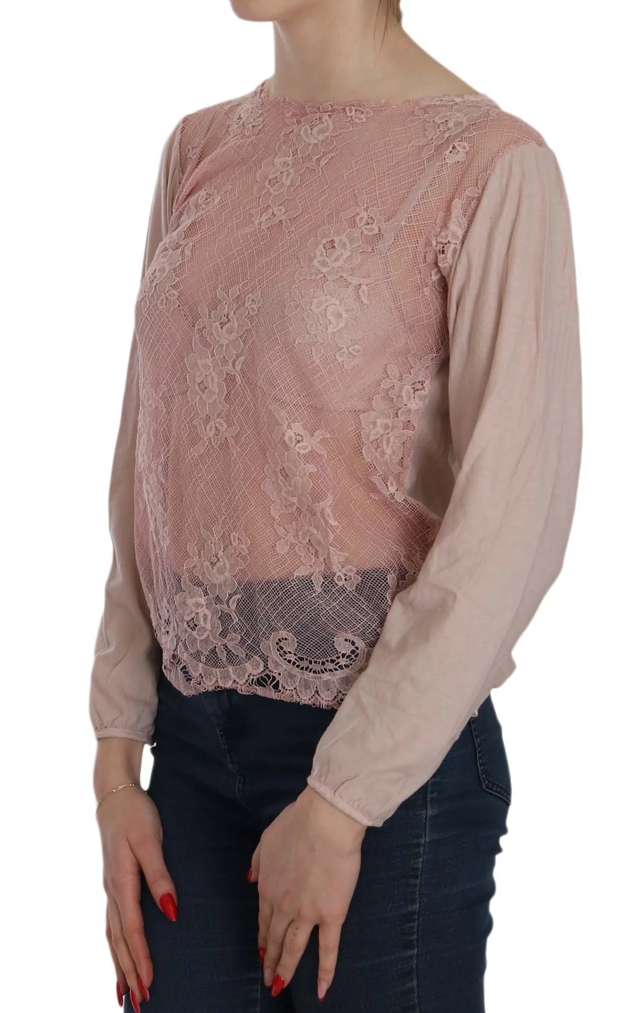 PINK MEMORIES Pink Lace See Through Long Sleeve Blouse - Blouses