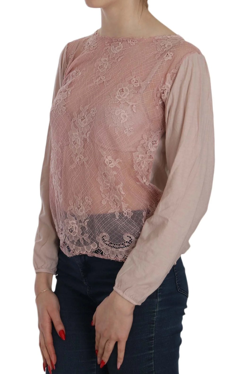 PINK MEMORIES Pink Lace See Through Long Sleeve Blouse - Blouses