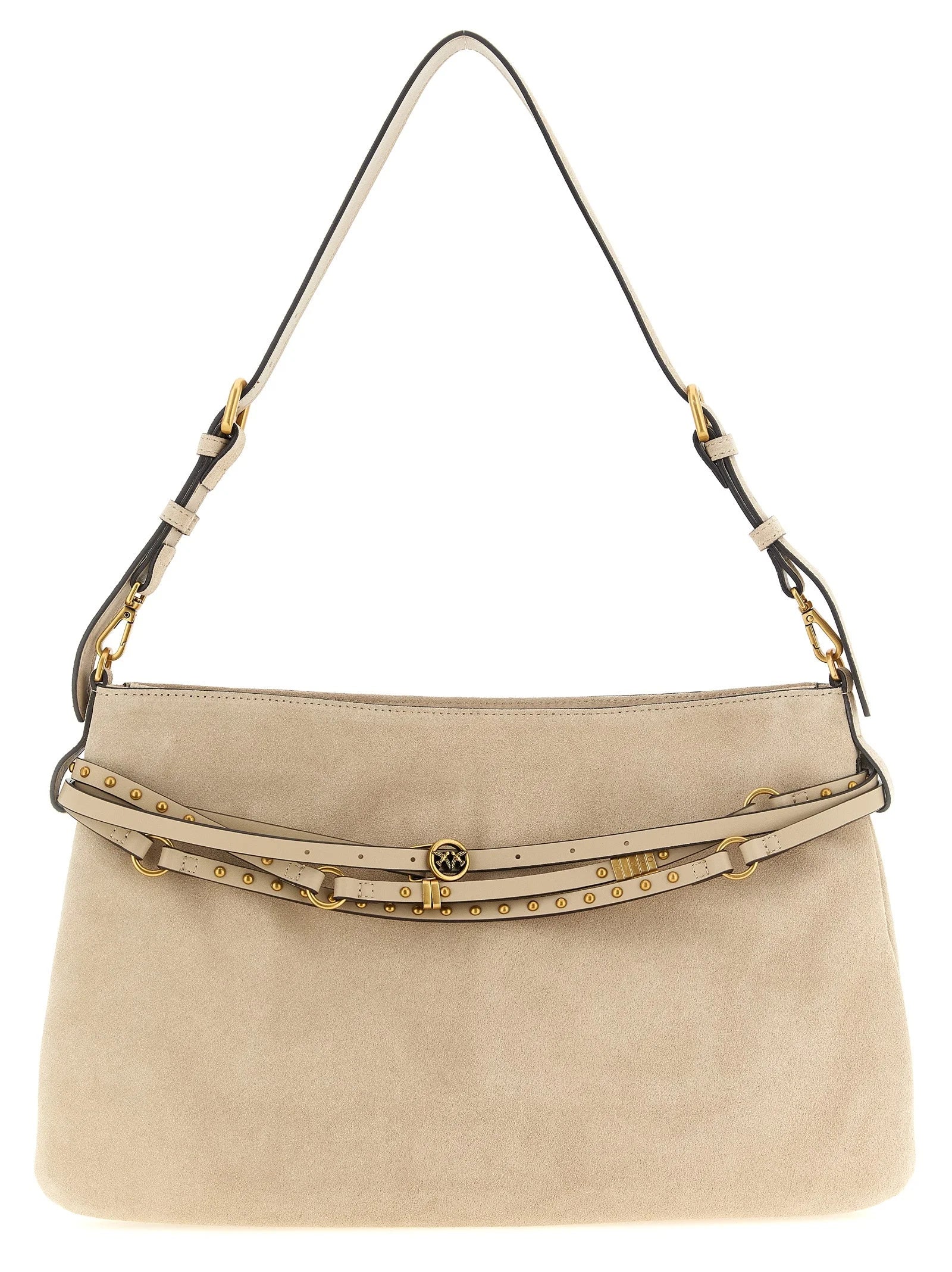 Vista frontale della borsa a spalla PINKO in pelle di vacchetta beige con la firma fibbia in metallo Love Birds e la patta strutturata.