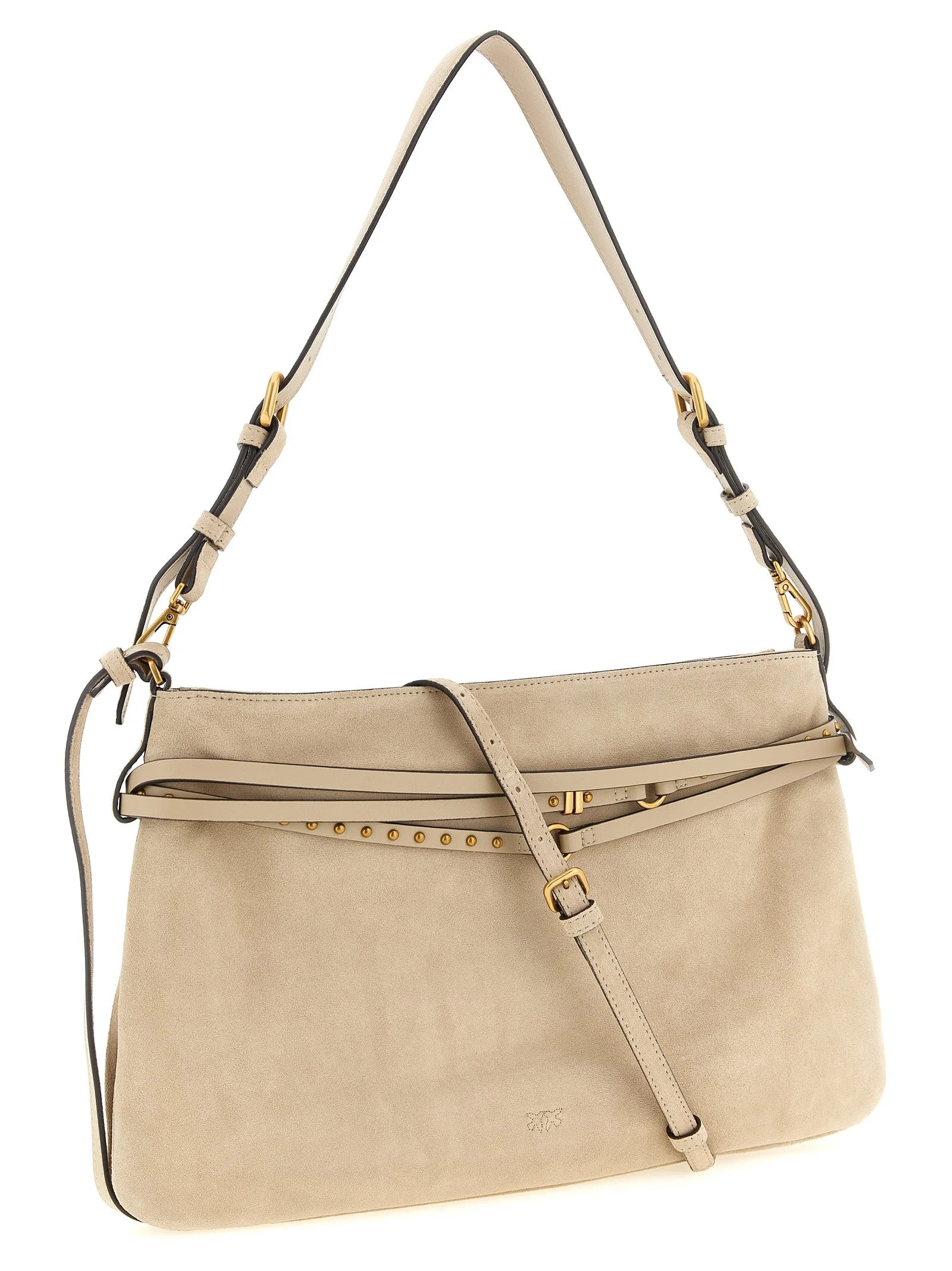 Profilo laterale della borsa a spalla PINKO in pelle beige, che mette in risalto la silhouette sottile e le cuciture tono su tono.