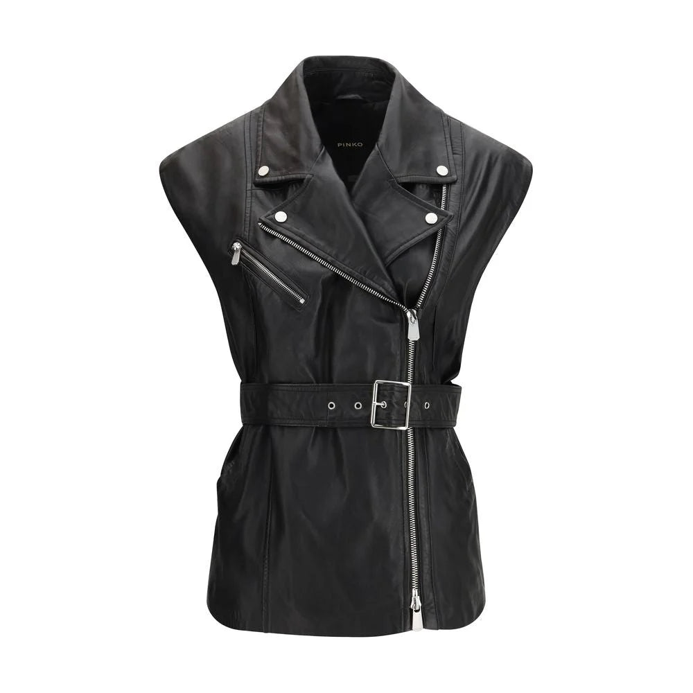 PINKO Black Goatskin Sleveless Jacket - Vests