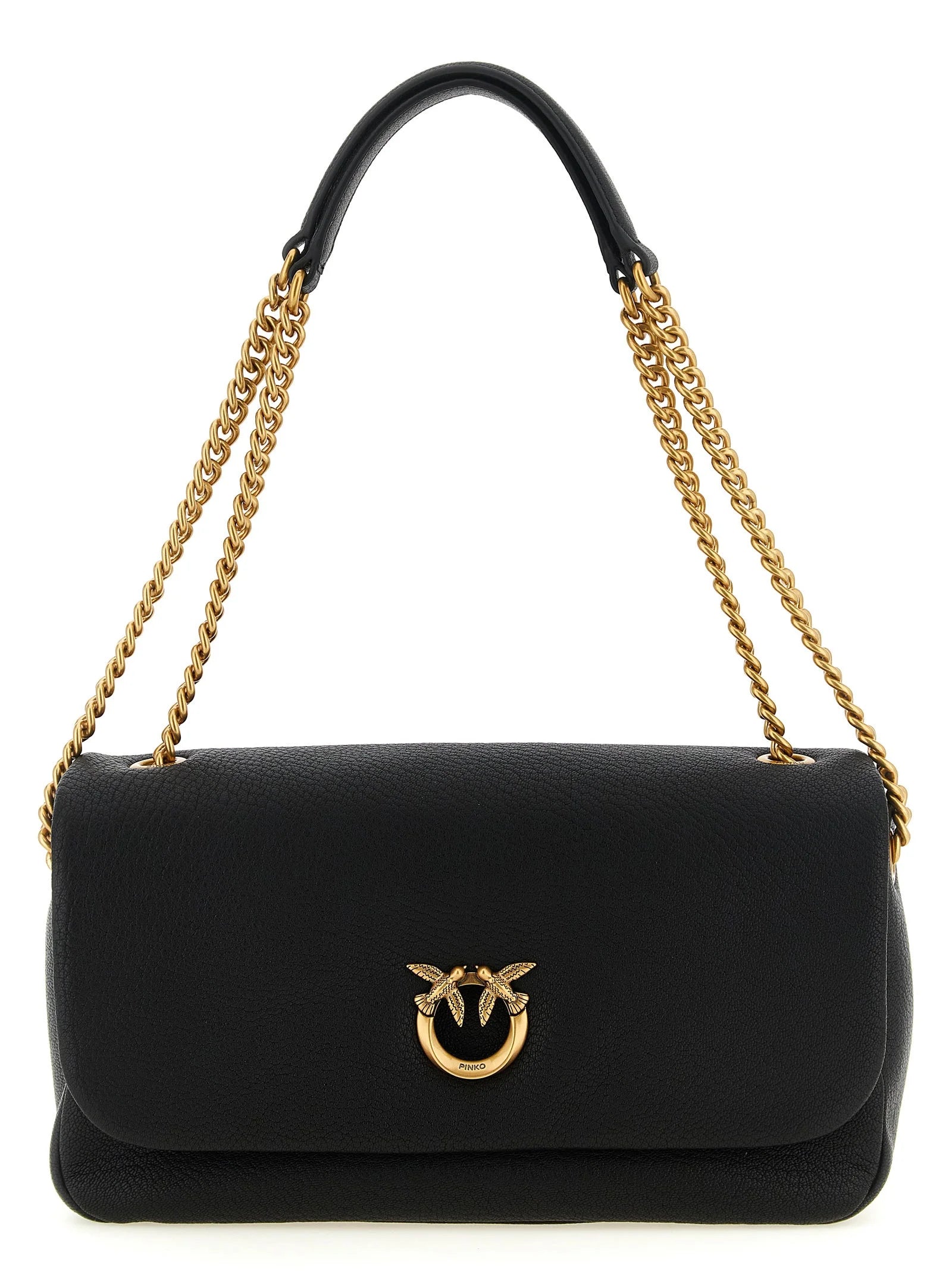 Vista frontal del bolso de hombro de cuero de cordero negro PINKO con la icónica hebilla metálica Love Birds en tono dorado.