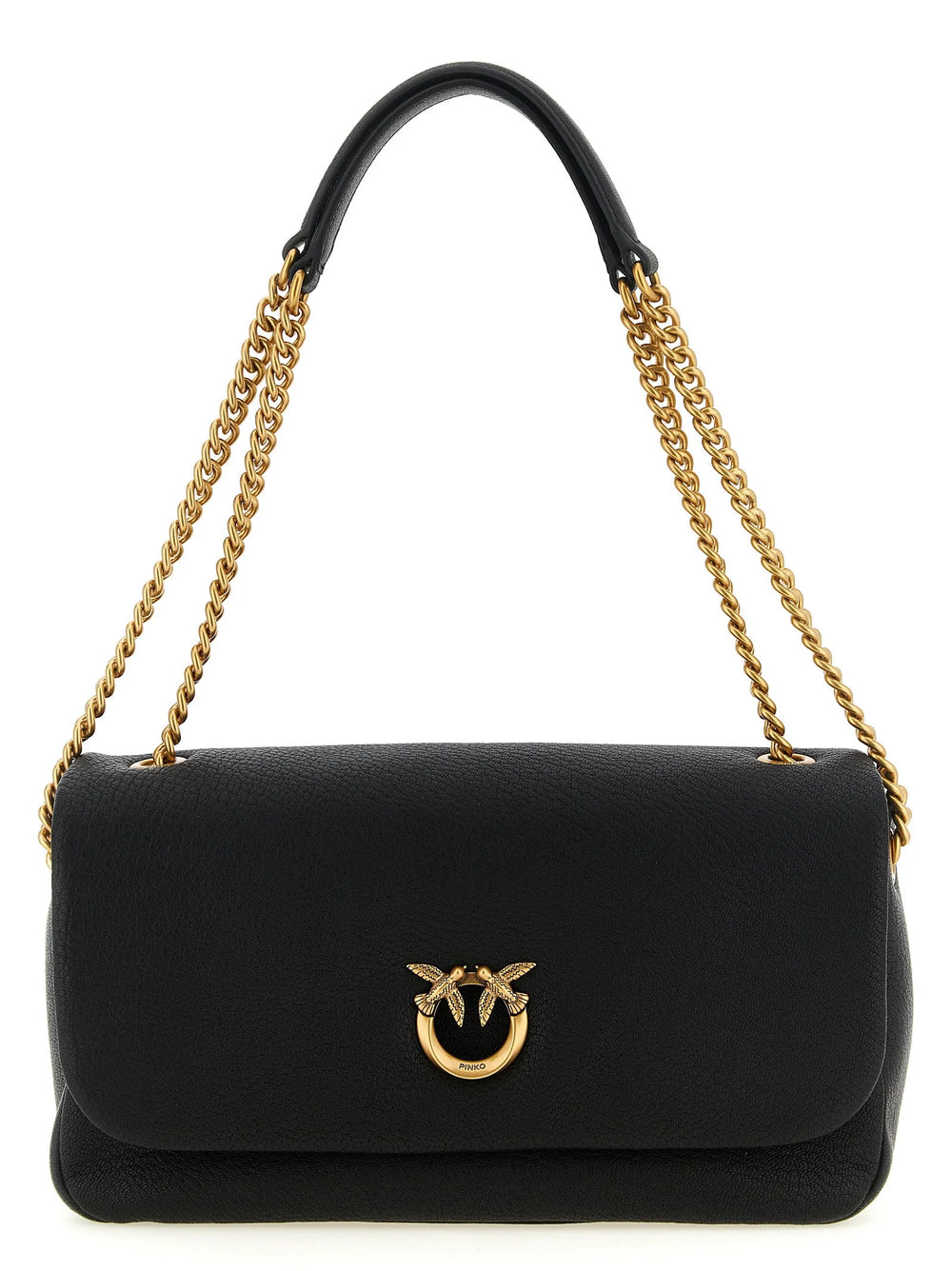 Vista frontal del bolso de hombro de cuero de cordero negro PINKO con la icónica hebilla metálica Love Birds en tono dorado.